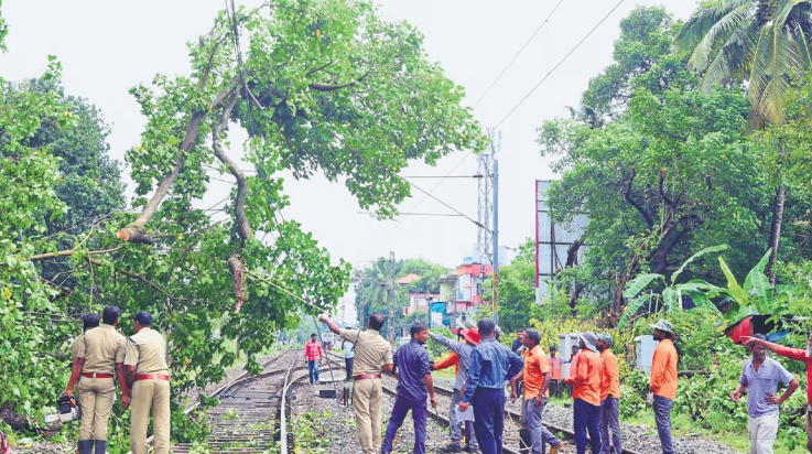 Fire and Rescue Services and police personnel clearing the railway route after a portion of a tree fell on the tracks near Pachalam on Sunday