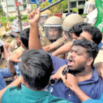 Youth Congress activists protest at the KSEB office in Thiruvambady, Kozhikode