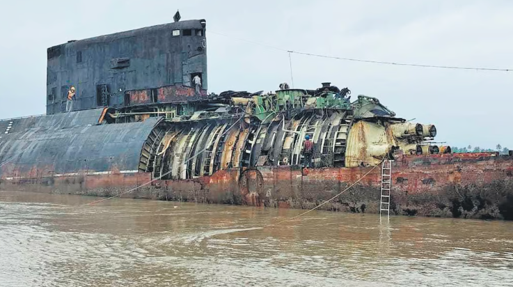 Submarine INS Sindhudhvaj being dismantled at Steel Industrials Kerala Limited at Azhikkal in Kannur