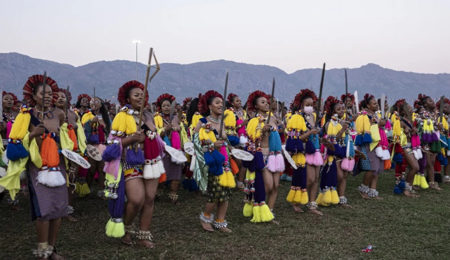 Nomceba Zuma, daughter of former South African President Jacob Zuma, dances in traditional dress at the Reed Dance, celebrating her engagement to Eswatini King Mswati.