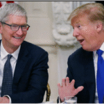 U.S. President Donald Trump speaking at a business roundtable with Apple CEO Tim Cook, discussing iPhone production in India.